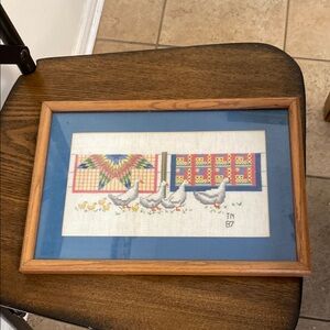 Framed Cross-Stitch Art with Geese and quilts